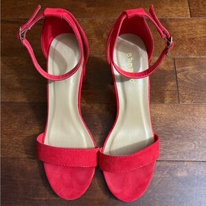 BAMBOO Bright Red Faux Suede Open-Toe Ankle-Strap Heels